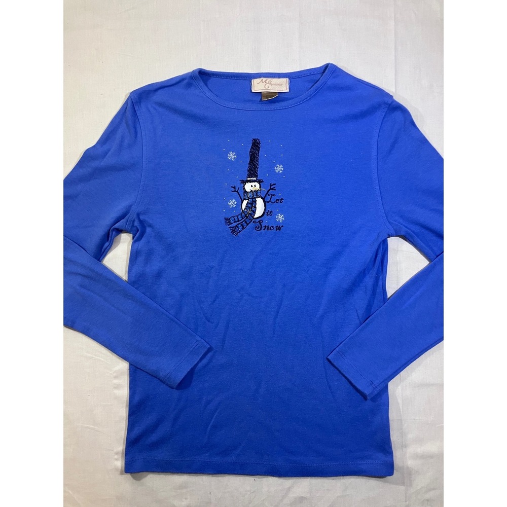 M&C Sportswear Womens Small Blue Let It Snow Snowman Long Sleeve Graphic Tee